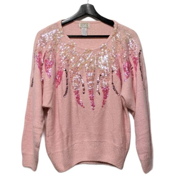 VINTAGE Angora Wool Silk Sequin Drop Shoulder Sweater L - Picture 1 of 5